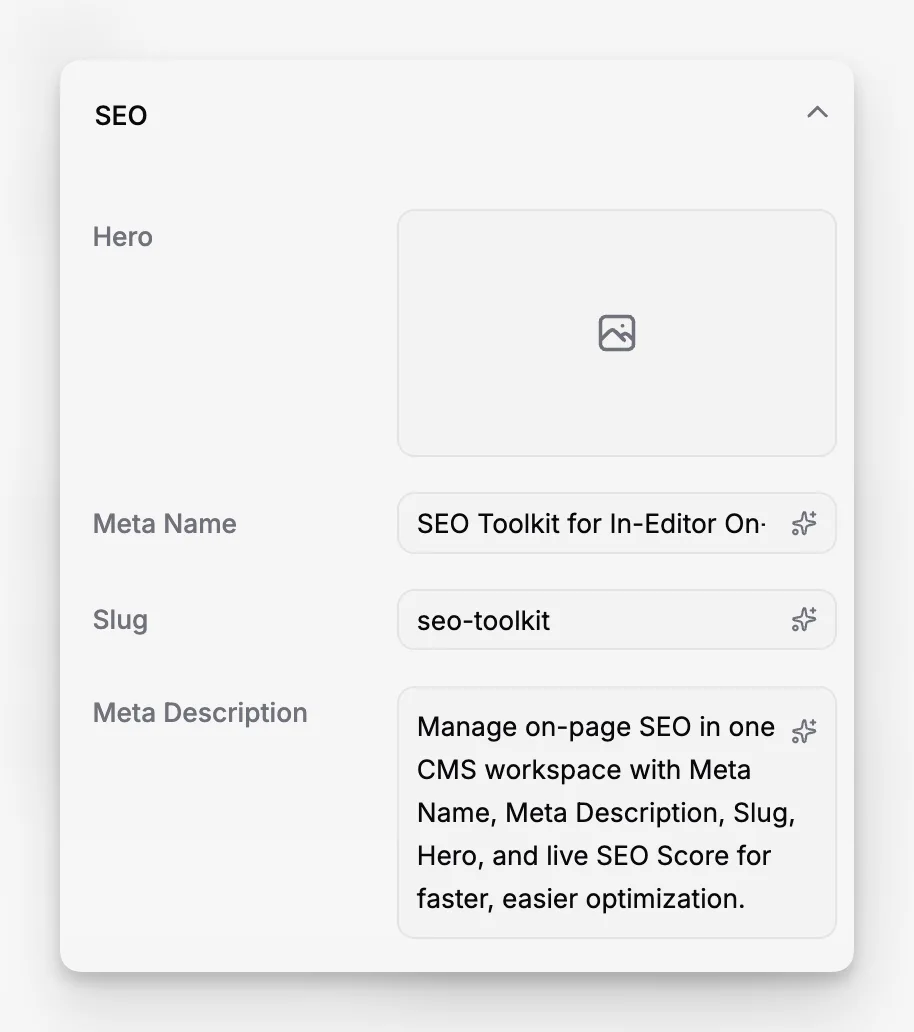 Page editor with the properties sidebar open to the SEO accordion showing Hero, Meta Name, Slug, and Meta Description.