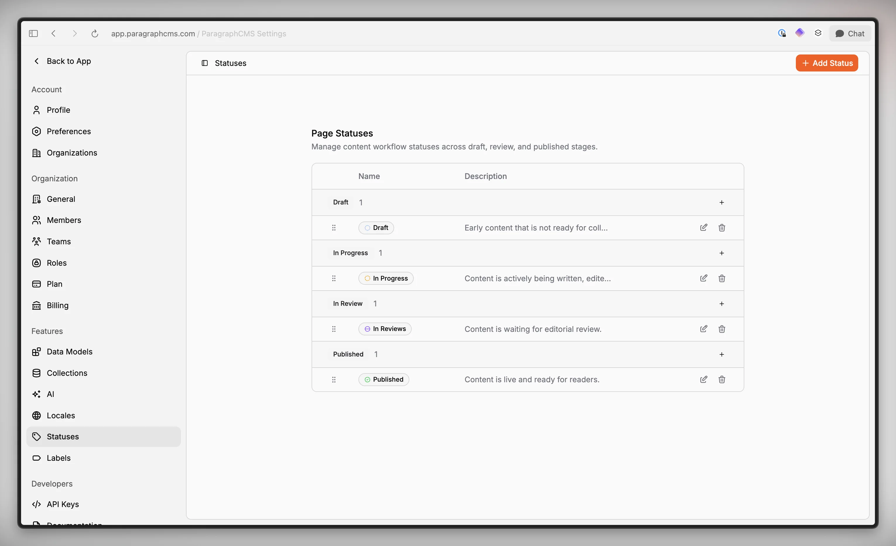 Settings > Features > Statuses page showing workflow stages across draft, review, and published states.