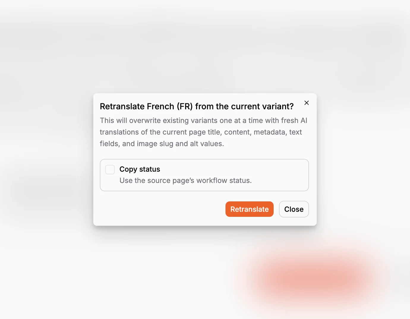 Paragraph CMS translation dialog showing the Copy status checkbox