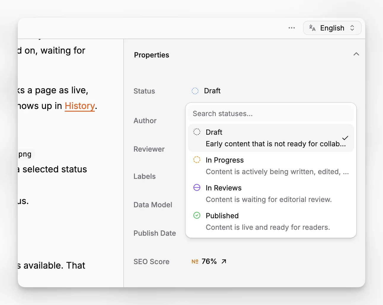 Paneel met pagina-eigenschappen van Paragraph CMS dat een geselecteerde workflowstatus toont.