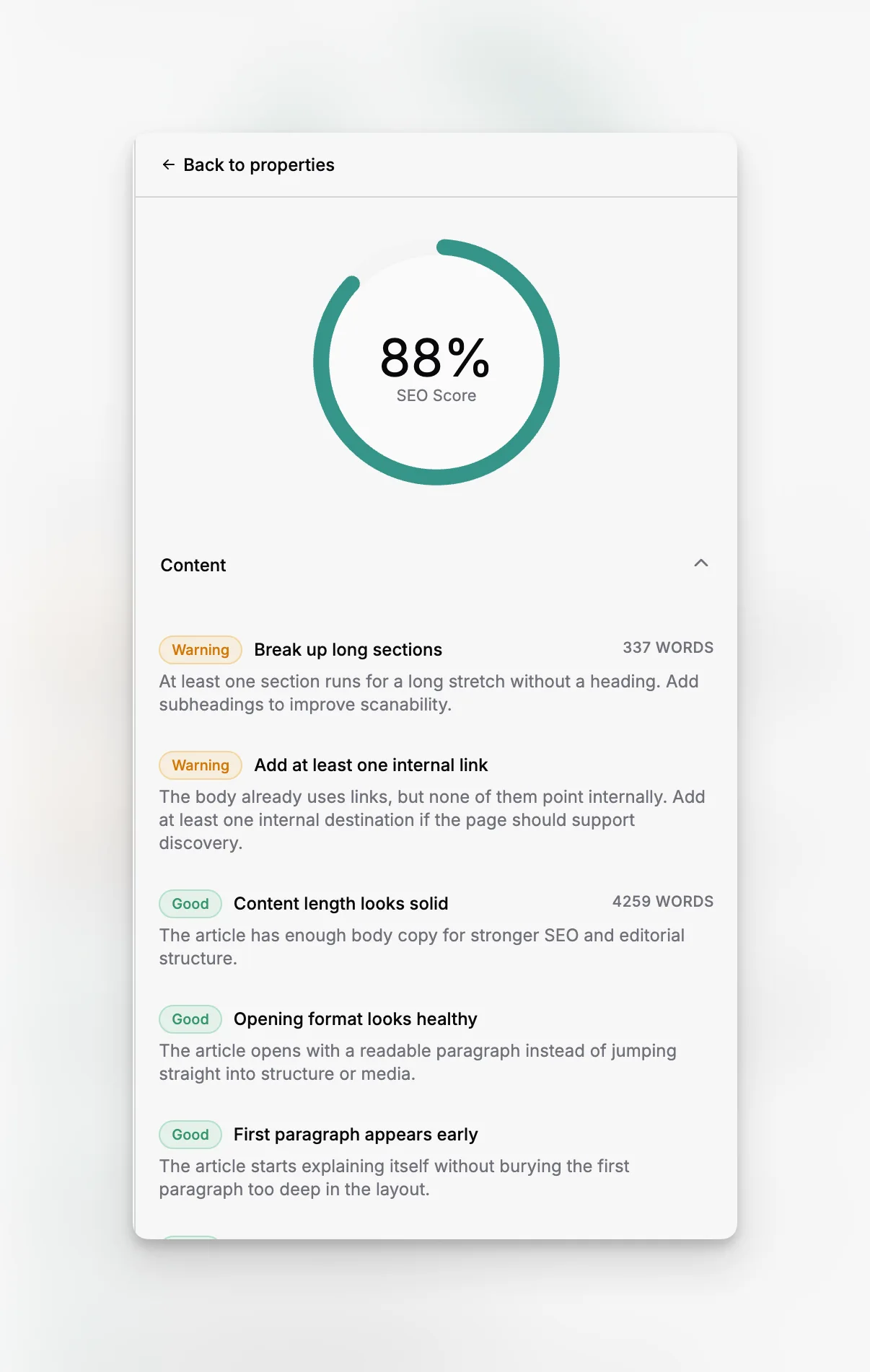 An analytics view for tracking SEO signals and identifying missing optimization details before publishing