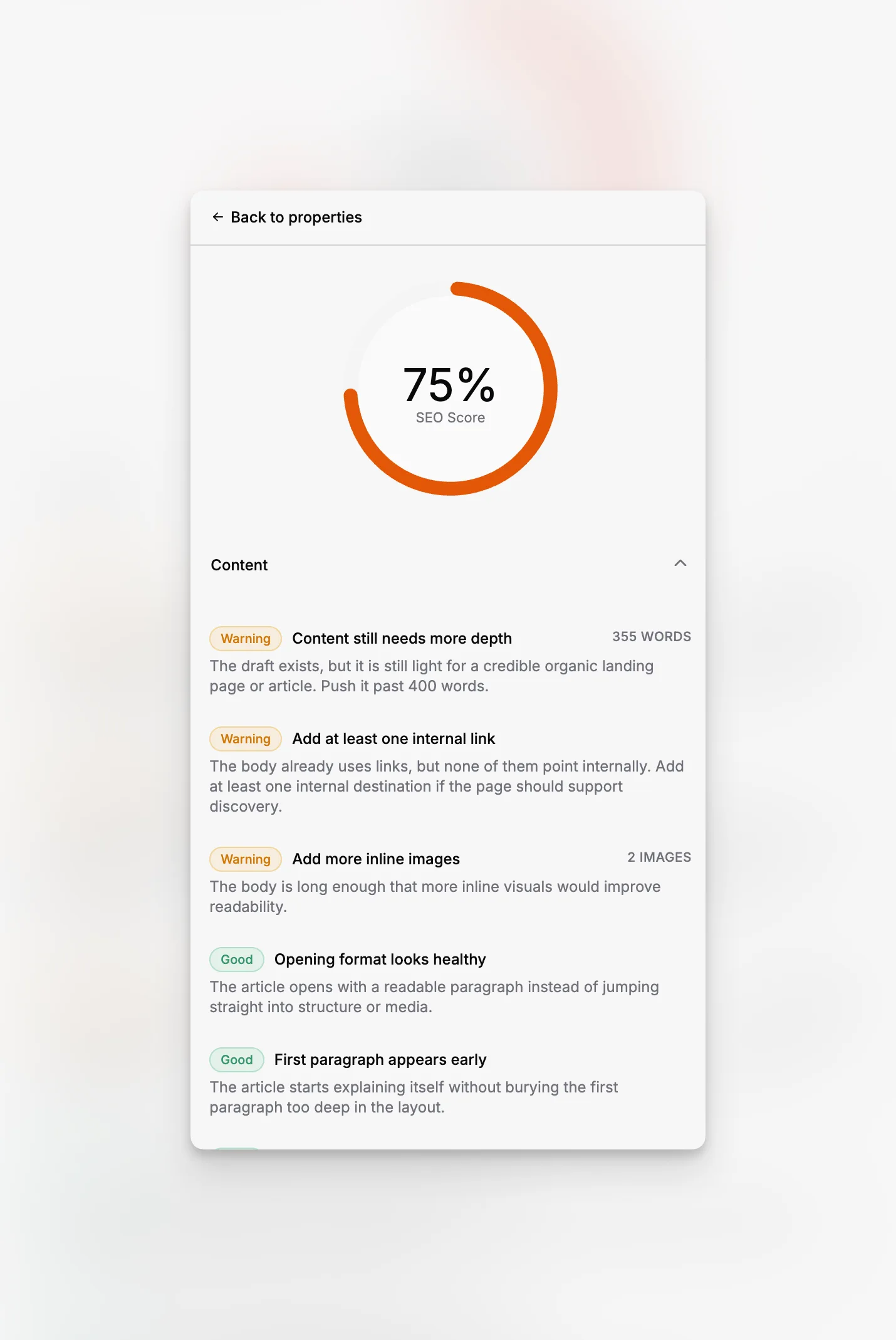 Paragraph CMS SEO-analysescherm met optimalisatiesignalen op paginaniveau