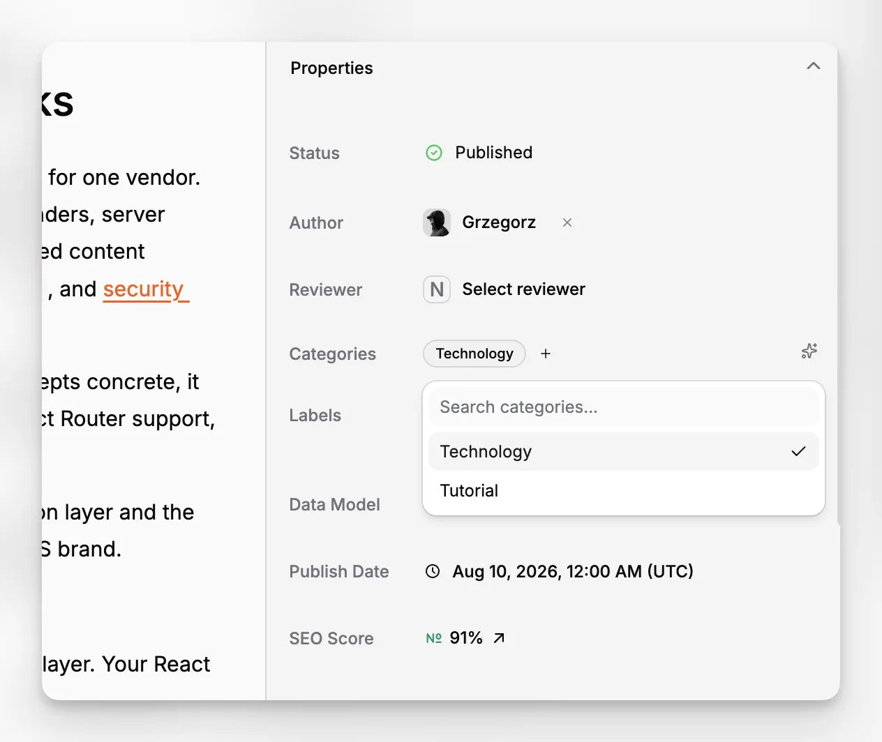 Paragraph CMS Page Properties showing the Categories selector and AI generation button