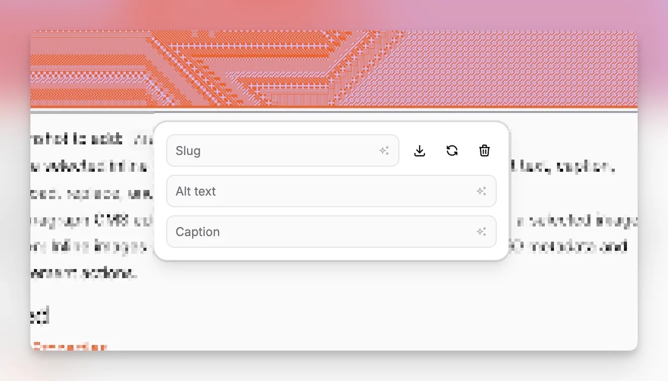 Editor di Paragraph CMS che mostra la barra degli strumenti dei metadati immagine in linea per un'immagine selezionata.