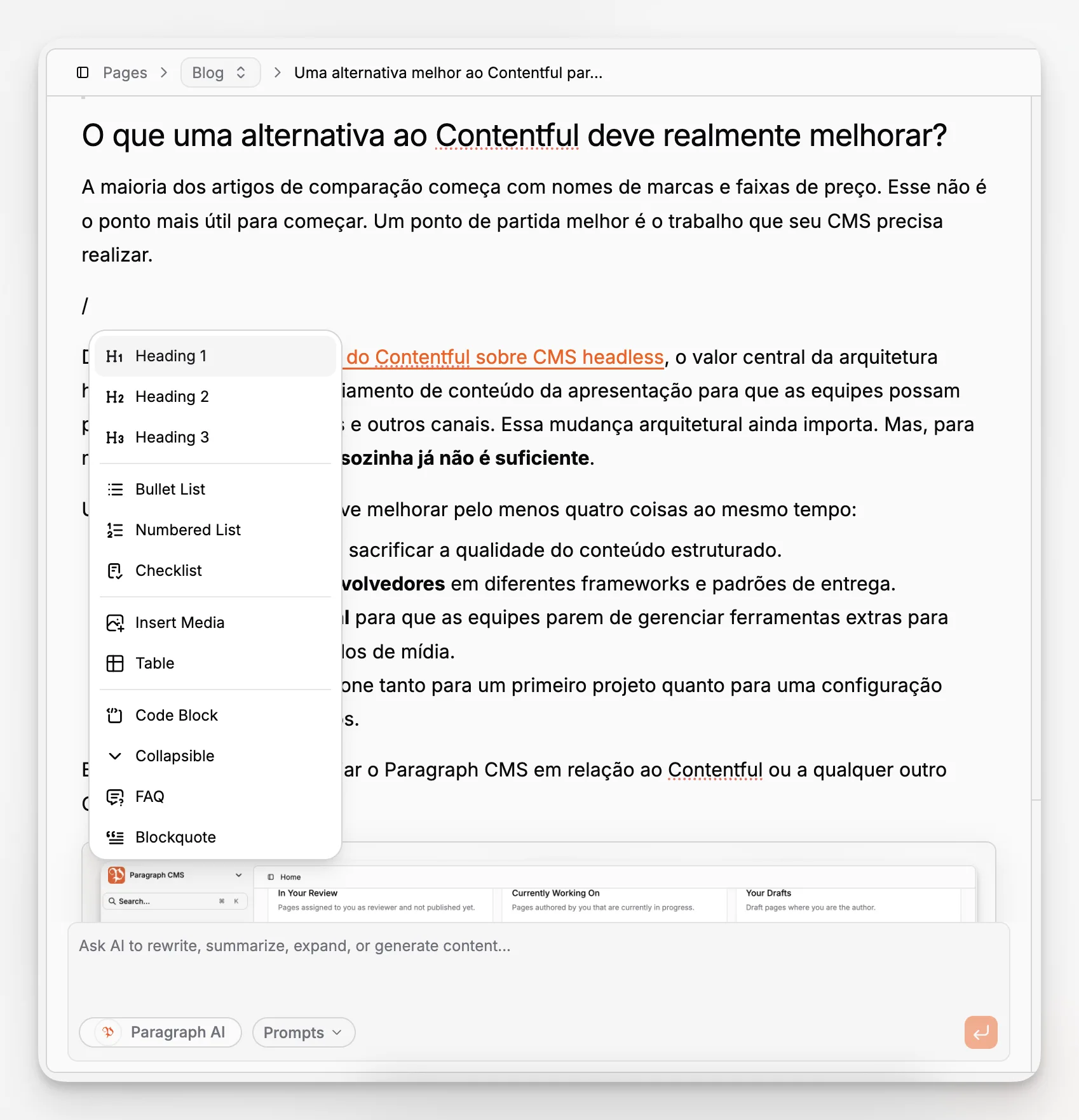 An editorial workspace using structured blocks and slash commands to compose long-form content