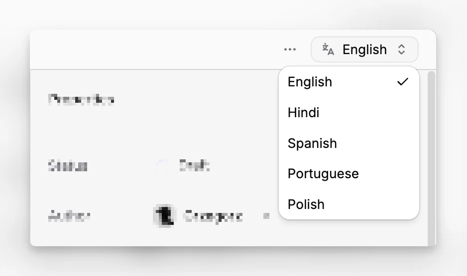 Page workspace with the language selector open, showing existing and missing variants for active languages.
