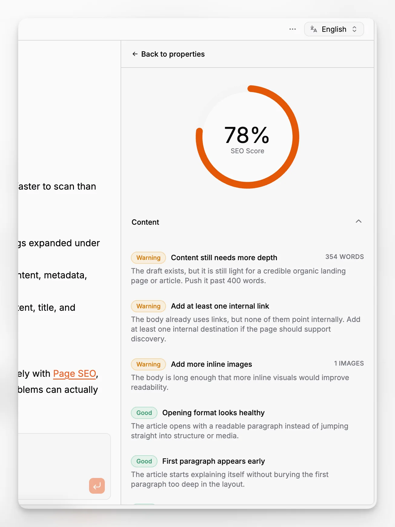 Paragraph CMS SEO Analytics-weergave met gegroepeerde bevindingen voor titel, inhoud, metadata en hero-kwaliteit.