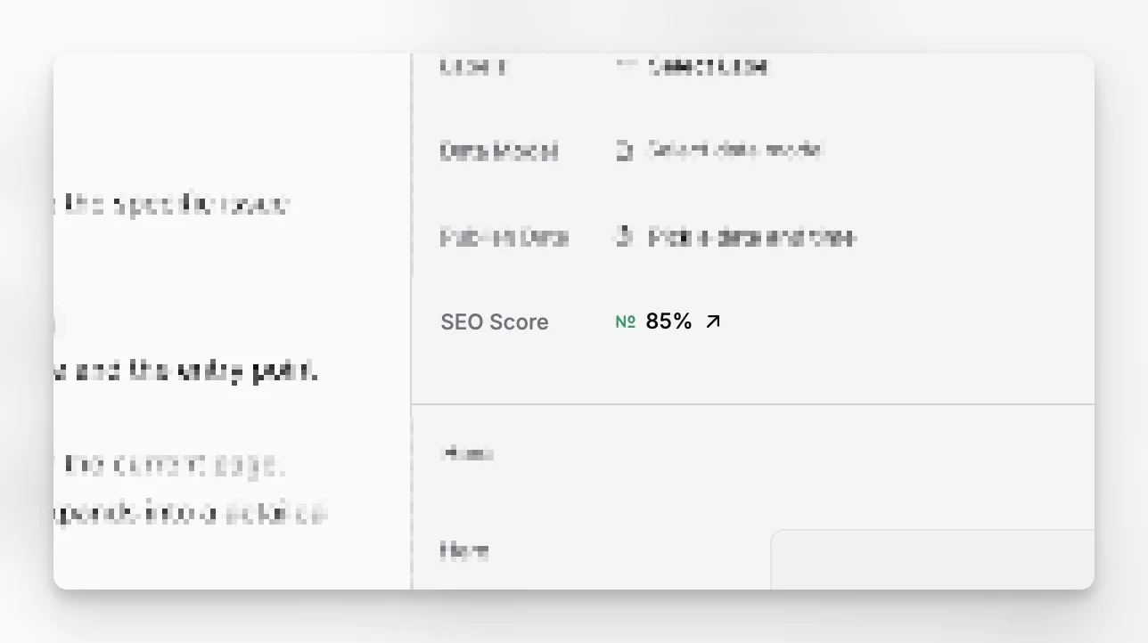 Панель Page Properties у Paragraph CMS, що показує живу SEO-оцінку для поточної сторінки.