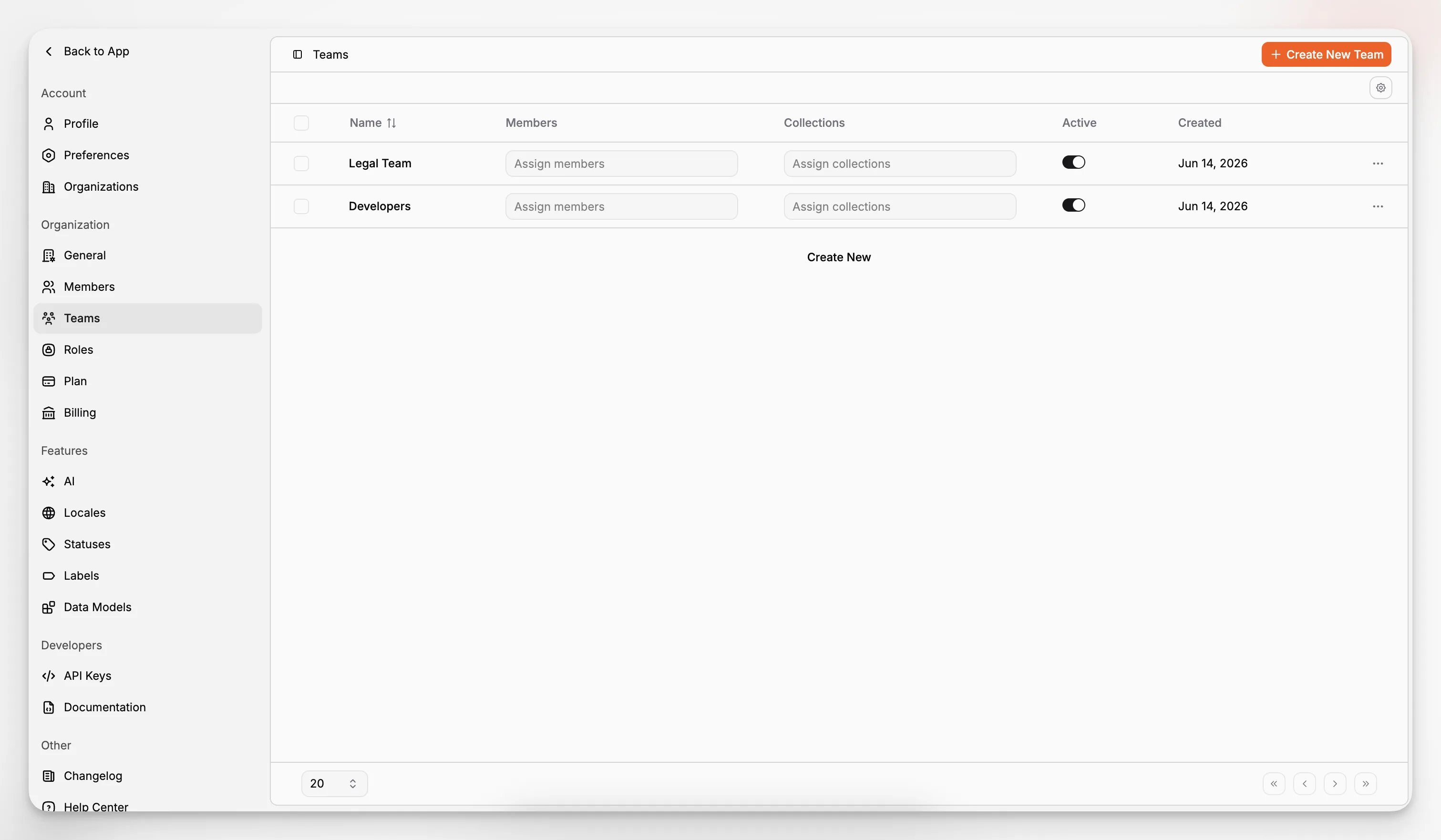 A roles and access control screen for managing permissions across content teams and workflows