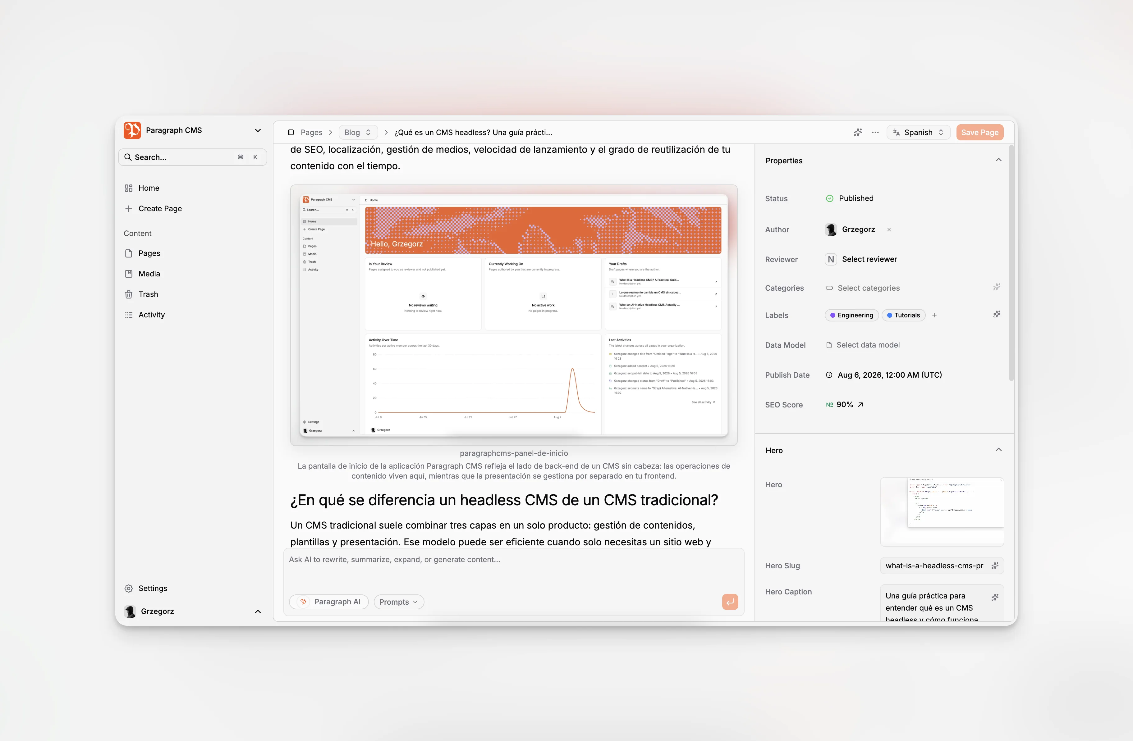 Ein Content-Editor, der in einer blockbasierten Schreiboberfläche mit kontextbezogener Formatierung und Umschreibaktionen arbeitet