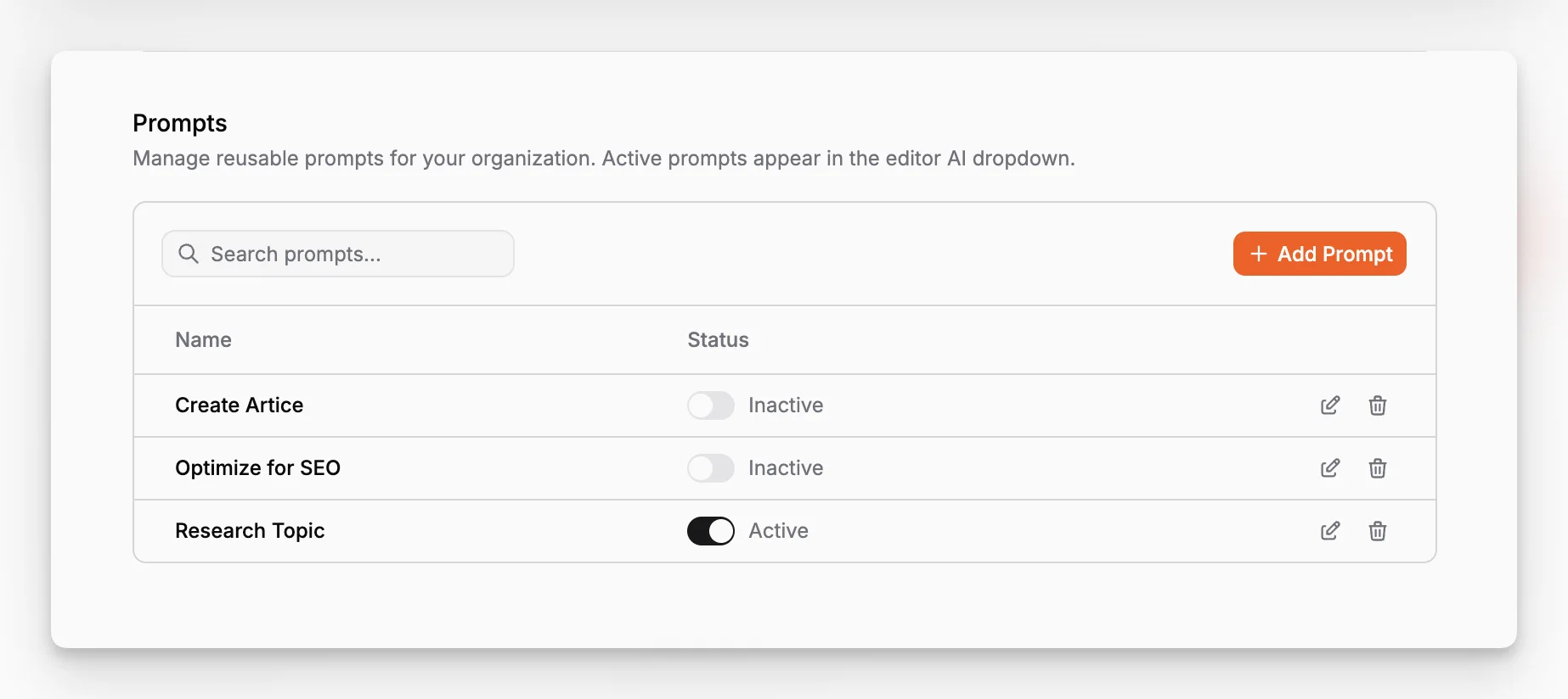 Prompt library interface for reusable AI workflows across editorial tasks