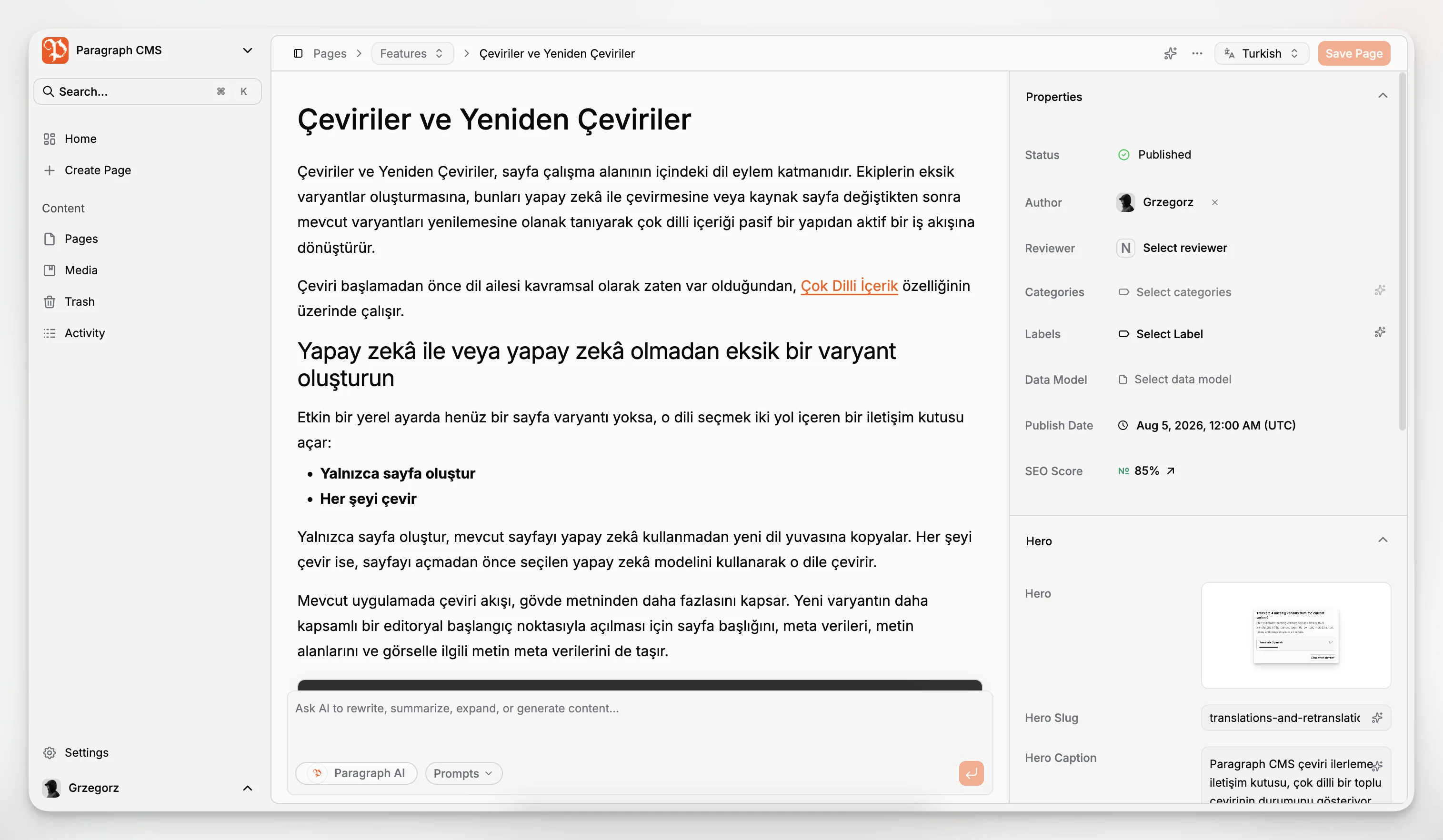 An AI-assisted content editor with structured fields, writing tools, and publishing controls