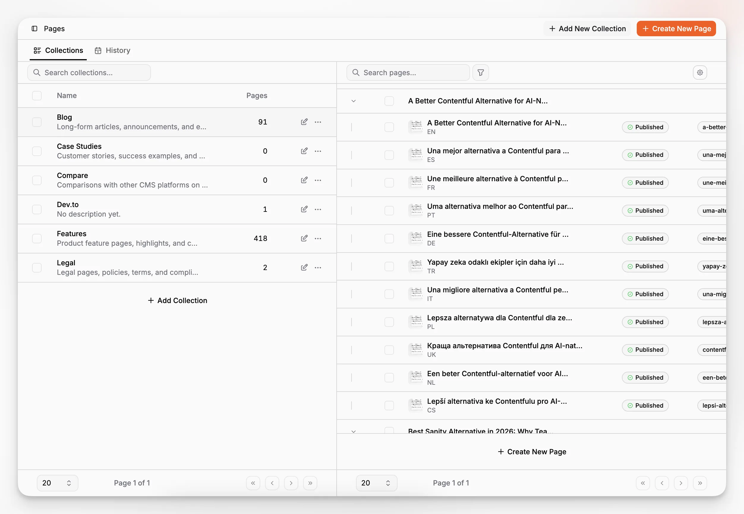 A pages workspace grouping content records into structured page families with status and translation context