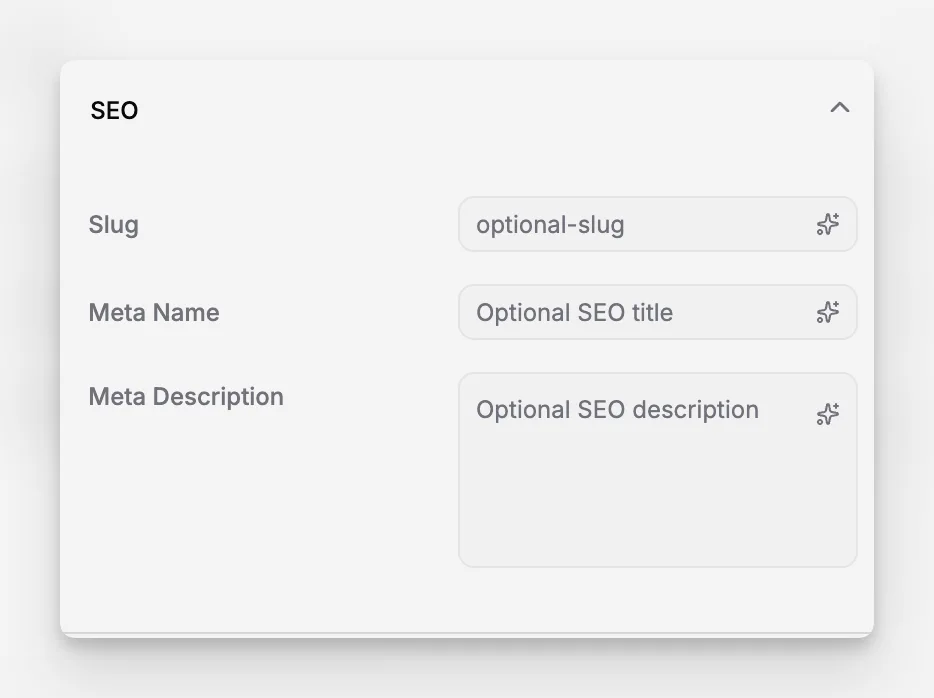 Панель SEO сторінки в Paragraph CMS, що показує поля slug, SEO-заголовка та метаопису