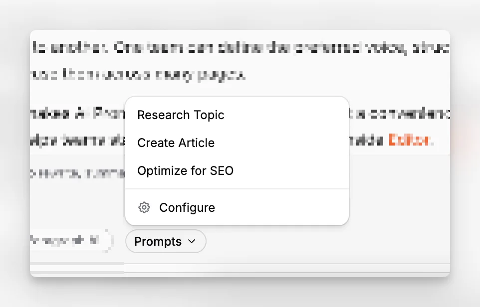 Assistente AI della pagina di Paragraph CMS che mostra prompt riutilizzabili nel menu a discesa dei prompt.