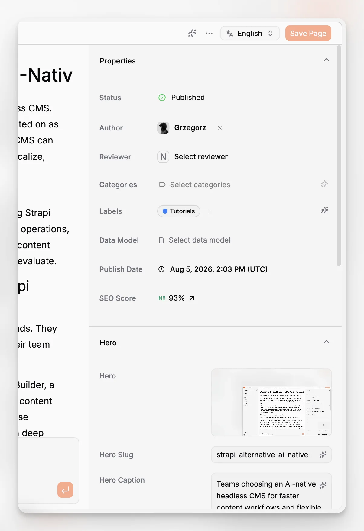 Екран властивостей сторінки в Paragraph CMS для керування структурованою конфігурацією сторінки