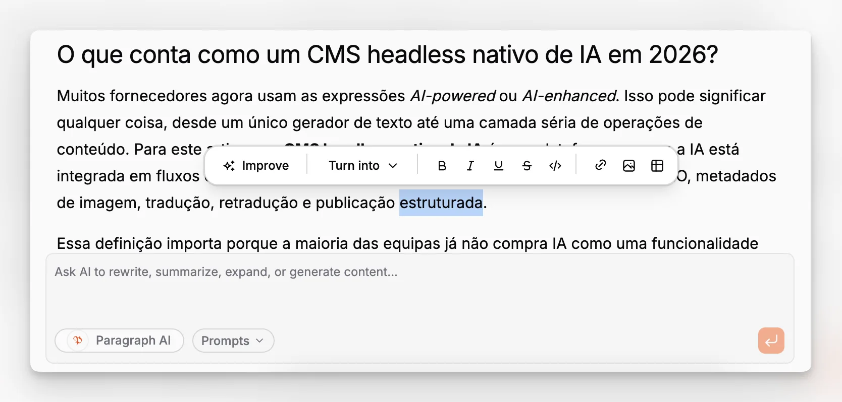 Rich text editor with an AI assistant open beside article content being revised