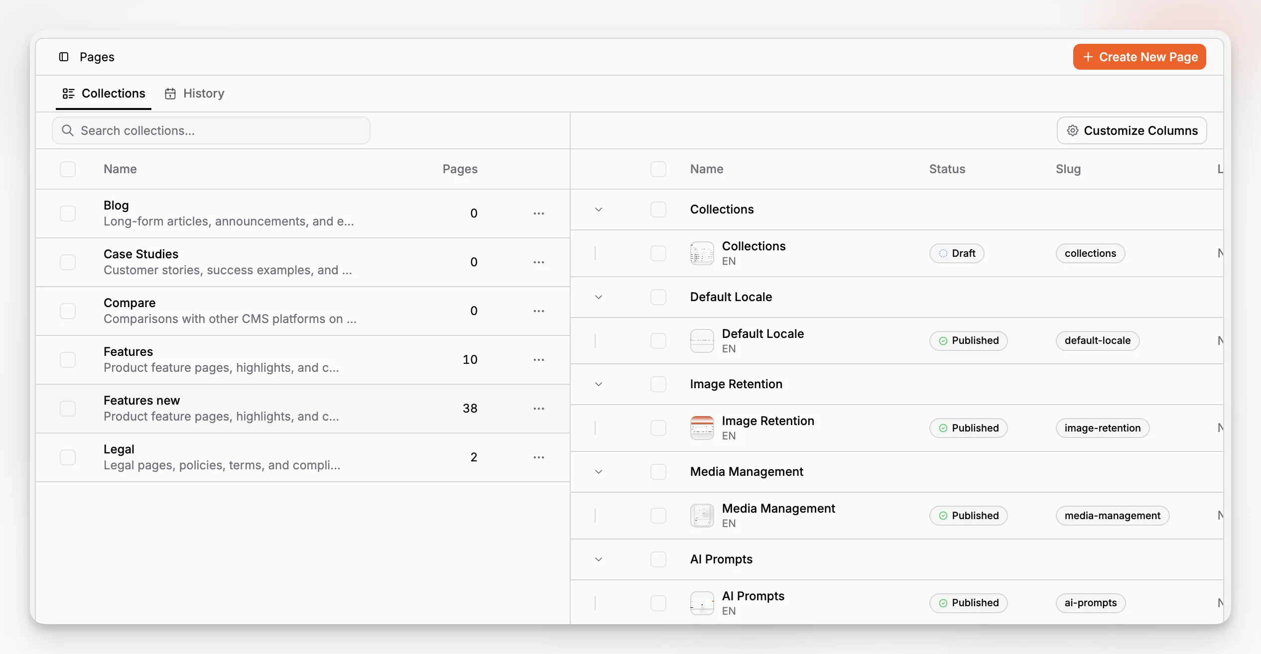 Espace de travail Pages de Paragraph CMS affichant les collections à gauche et les pages d’une collection sélectionnée à droite.