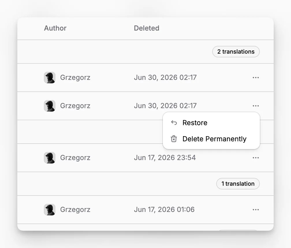 Actions de la page Corbeille de Paragraph CMS pour restaurer ou supprimer définitivement une page supprimée.
