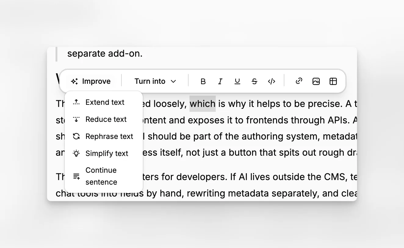 Kontextová editační nabídka s akcemi pro přepisování, jako jsou rozšířit, zkrátit, přeformulovat a zjednodušit vybraný text