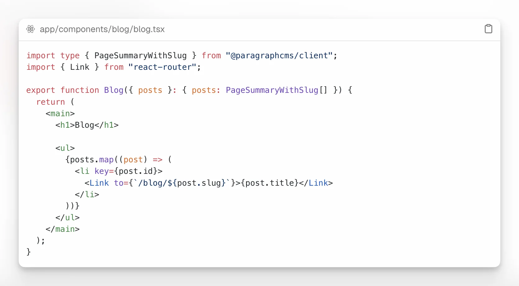Pracovní postup stránky v Paragraph CMS zobrazující jazyk a strukturu stránky, které může využívat aplikace React Router.