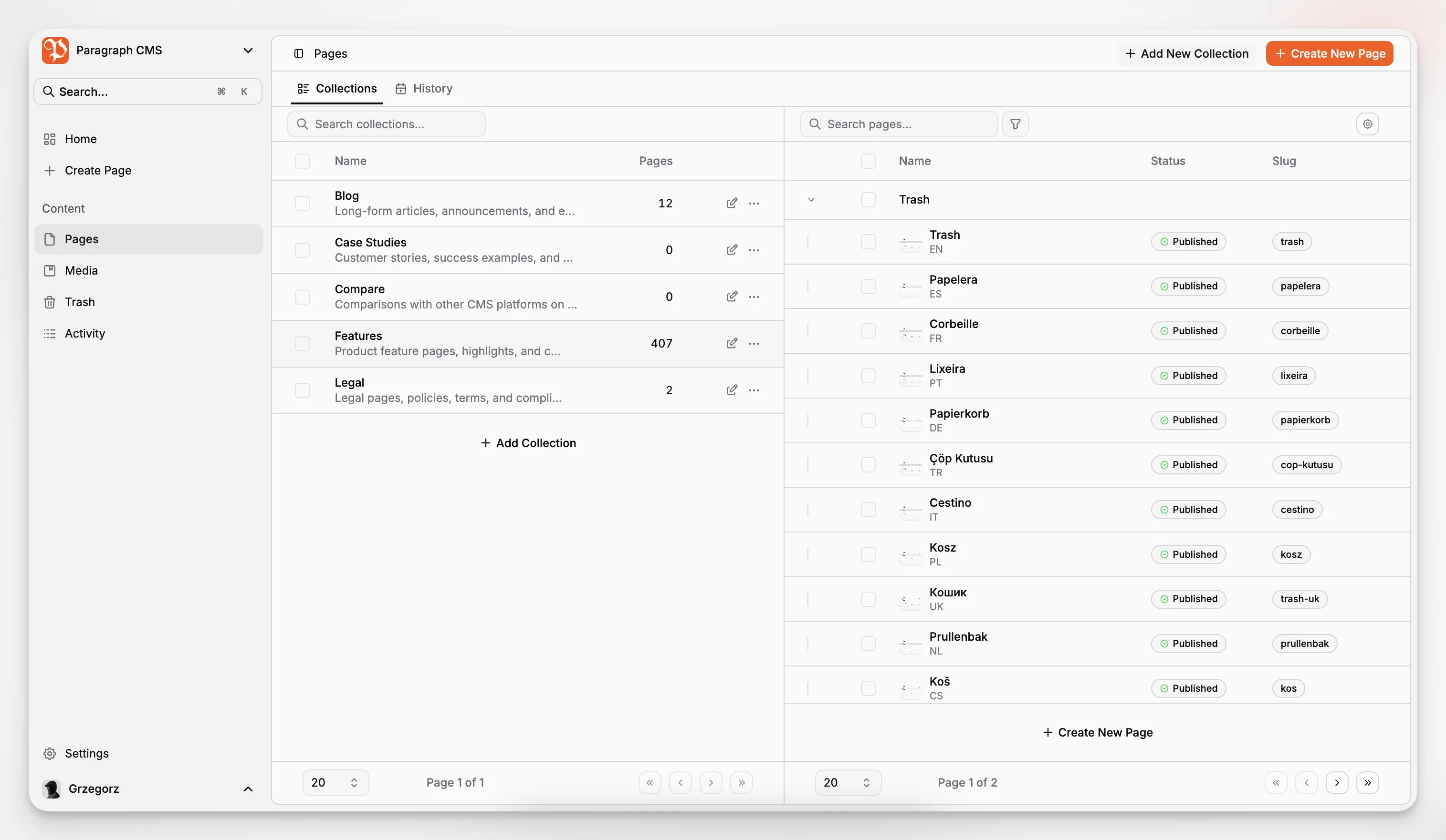Paragraph CMS-paginascherm met een lijst van gestructureerde paginaitems