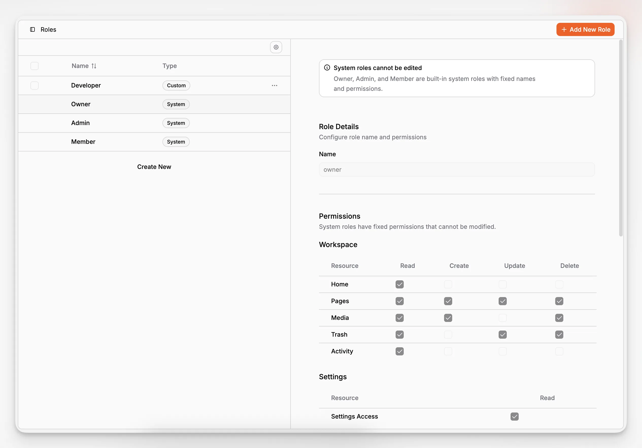 A permissions screen assigning roles and access levels across editorial workflows