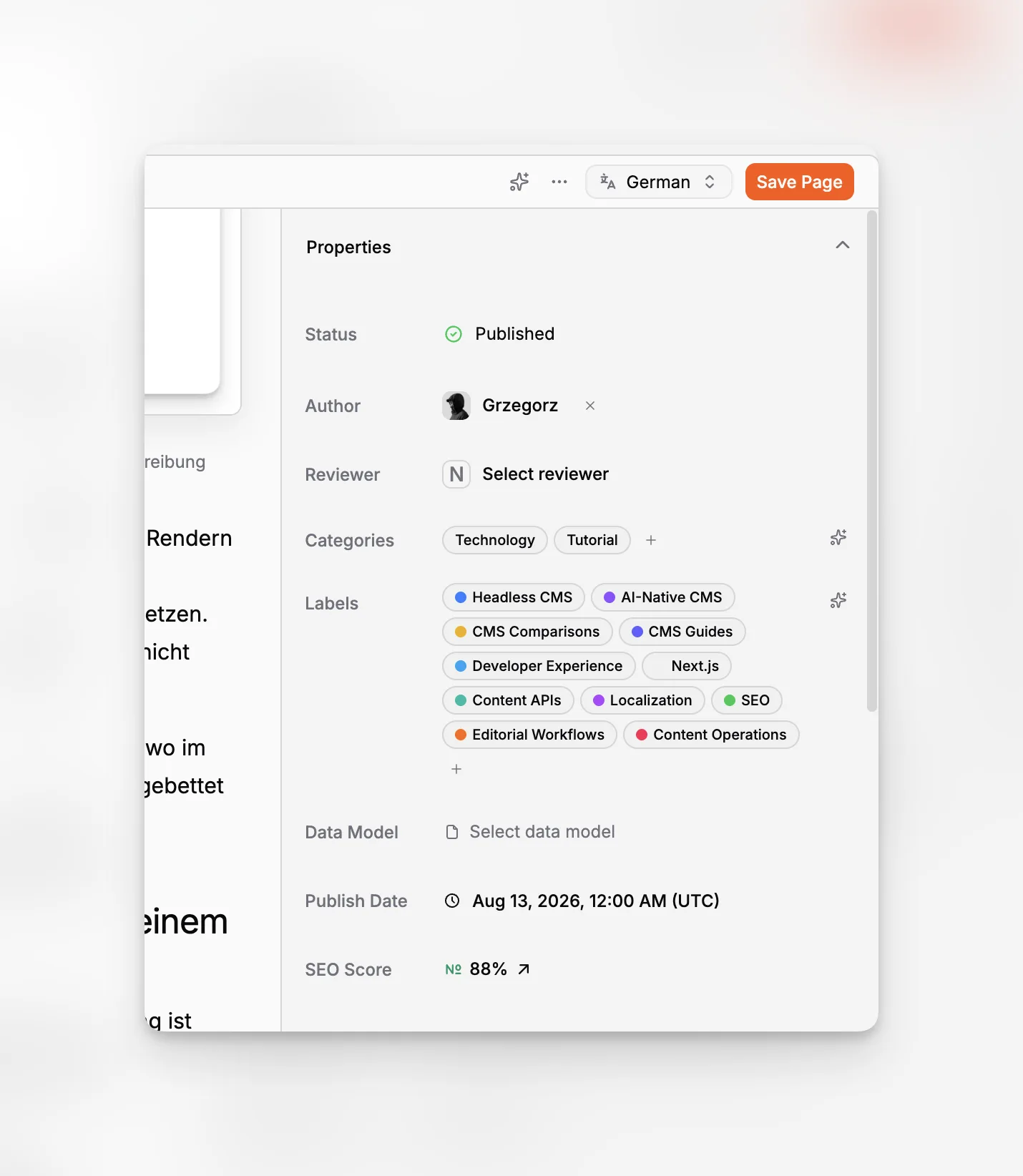 A page SEO panel with score indicators, metadata inputs, and optimization guidance