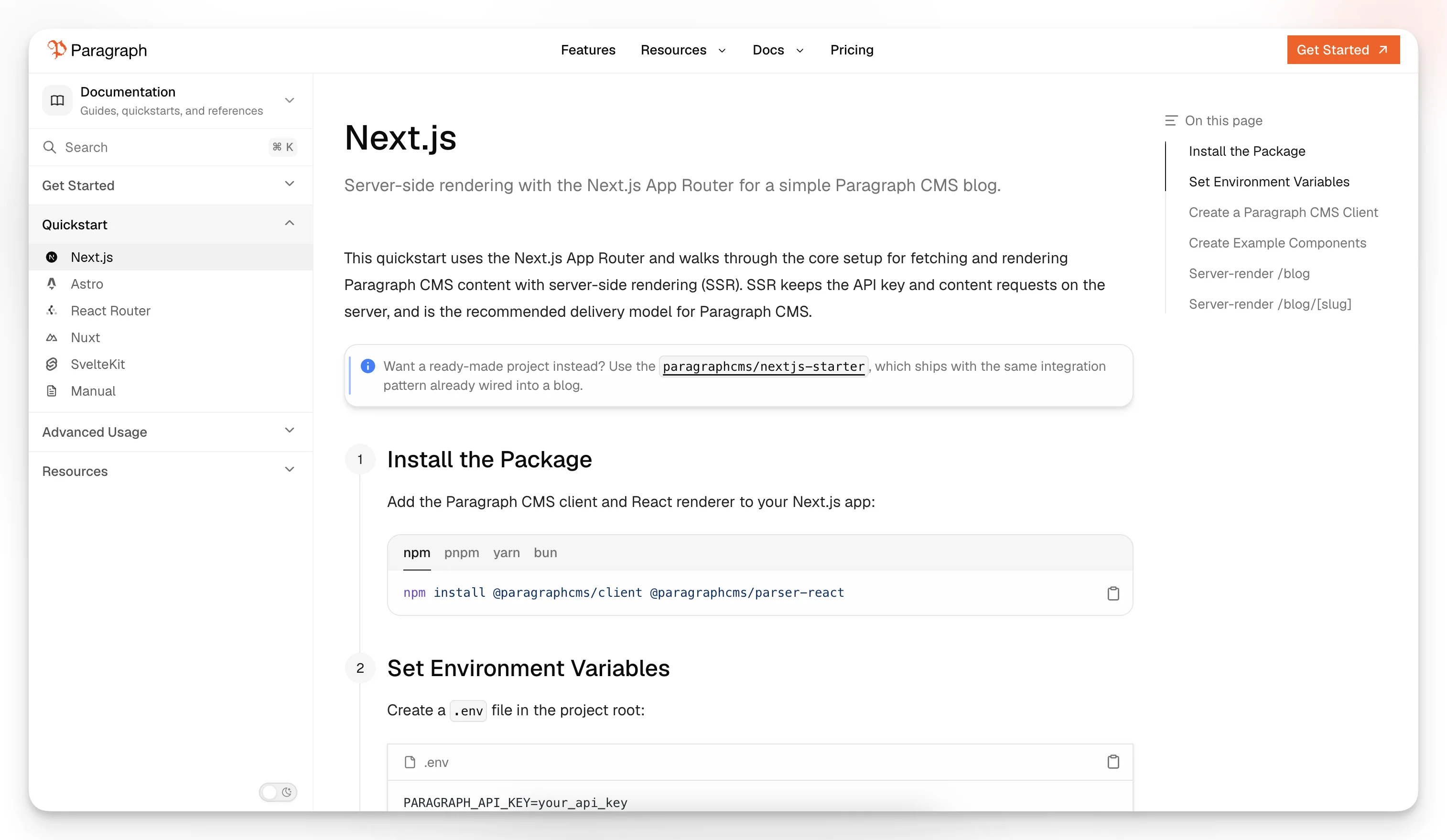 Сторінка швидкого старту headless CMS з описом кроків серверного рендерингу для блогу на Next.js
