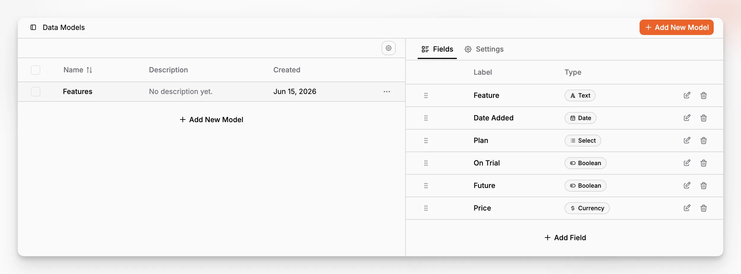 A data modeling interface for defining fields, page structure, and reusable content patterns