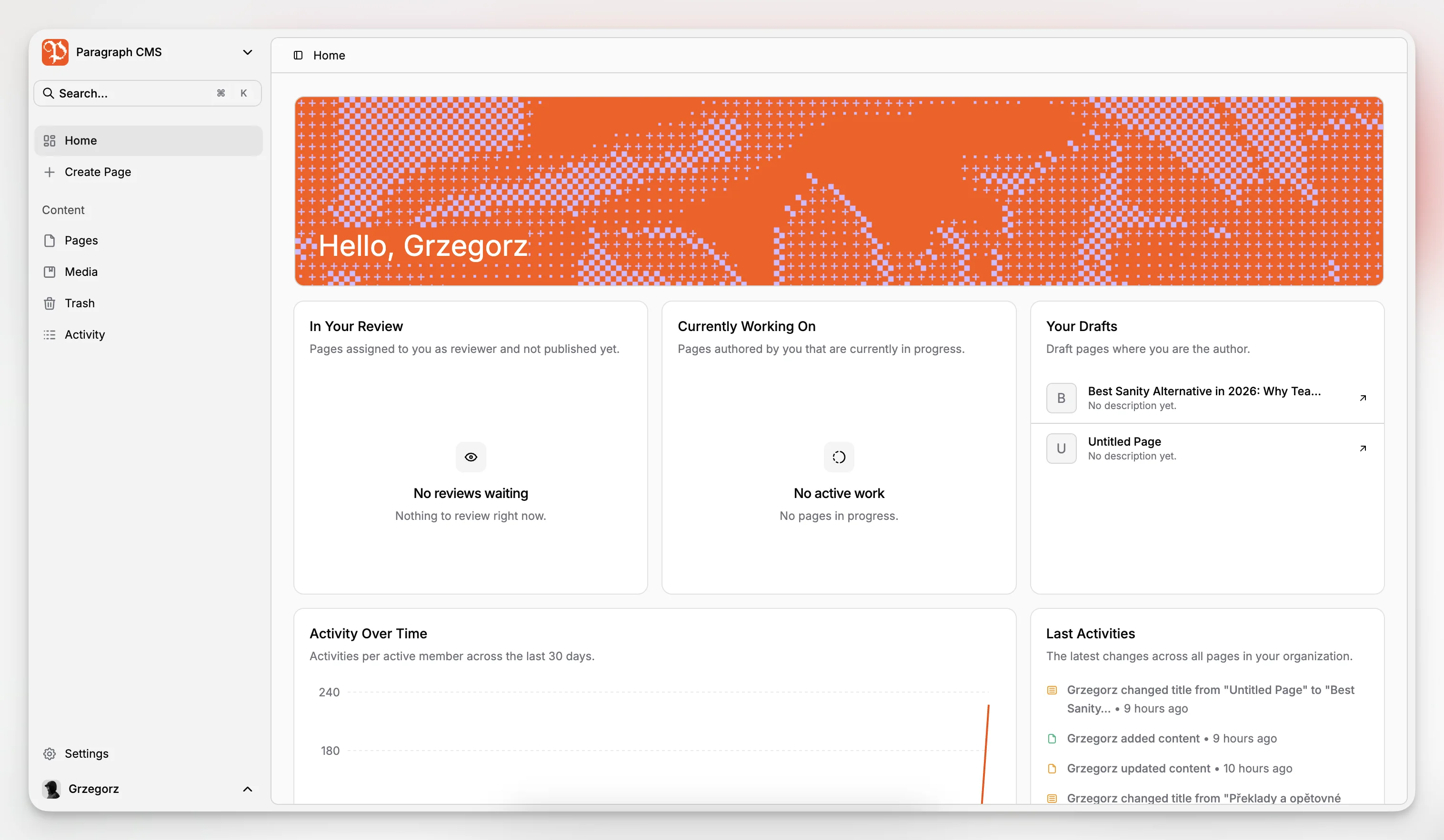 Una dashboard CMS headless che mostra raccolte, attività recenti e voci di pagina localizzate