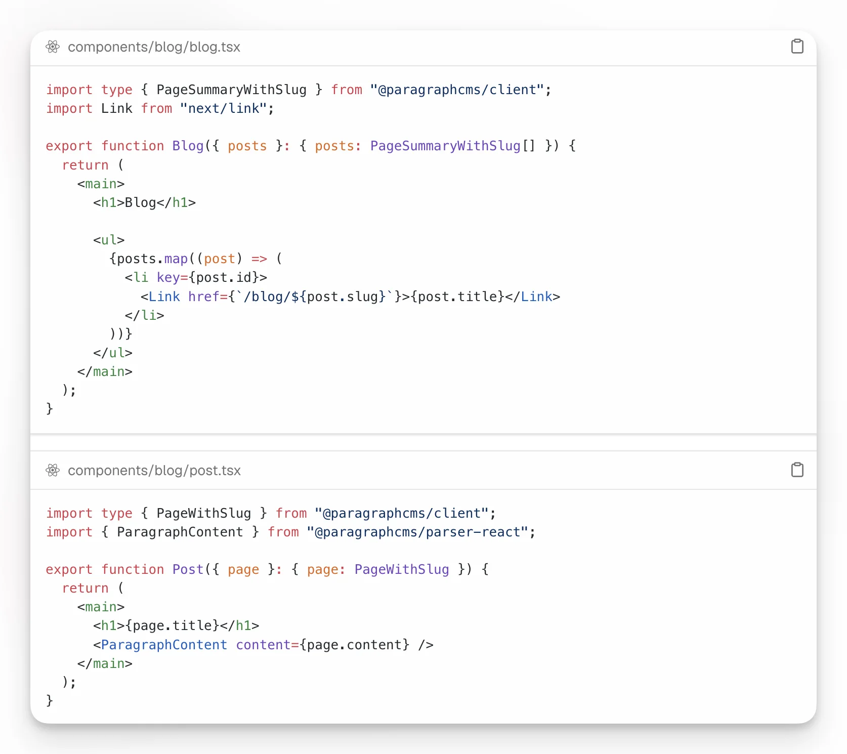 The Next.js quickstart documentation showing server-rendered blog setup and slug-based routes