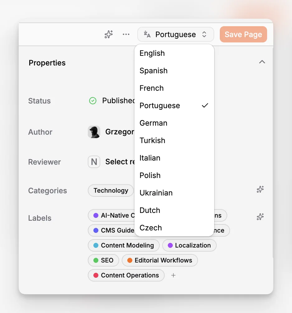 Localized content editor showing multiple language variants for a single article