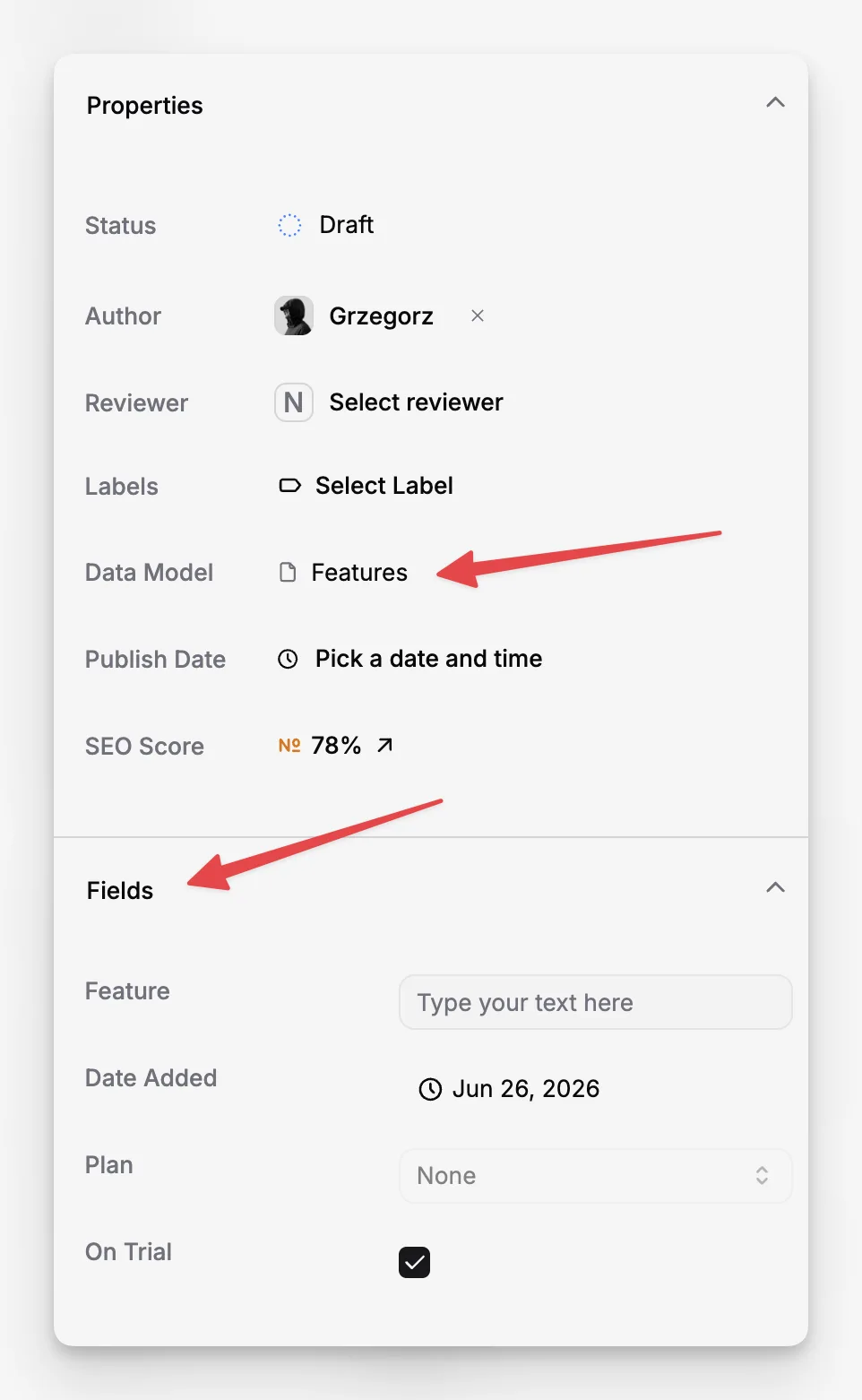 Page workspace with a selected Data Model in Properties and the Fields accordion open.