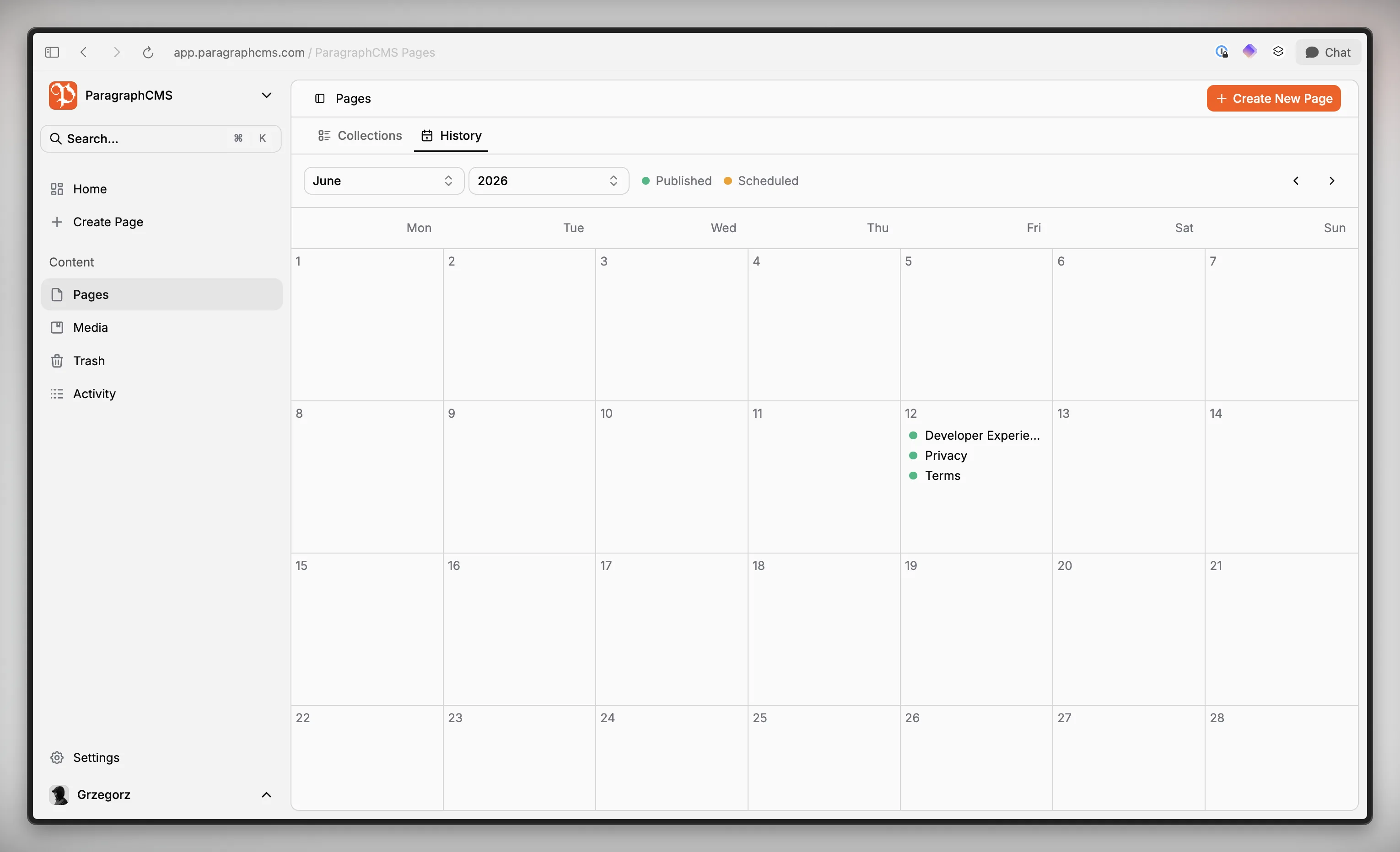 Pages History calendar showing Scheduled and Published entries.
