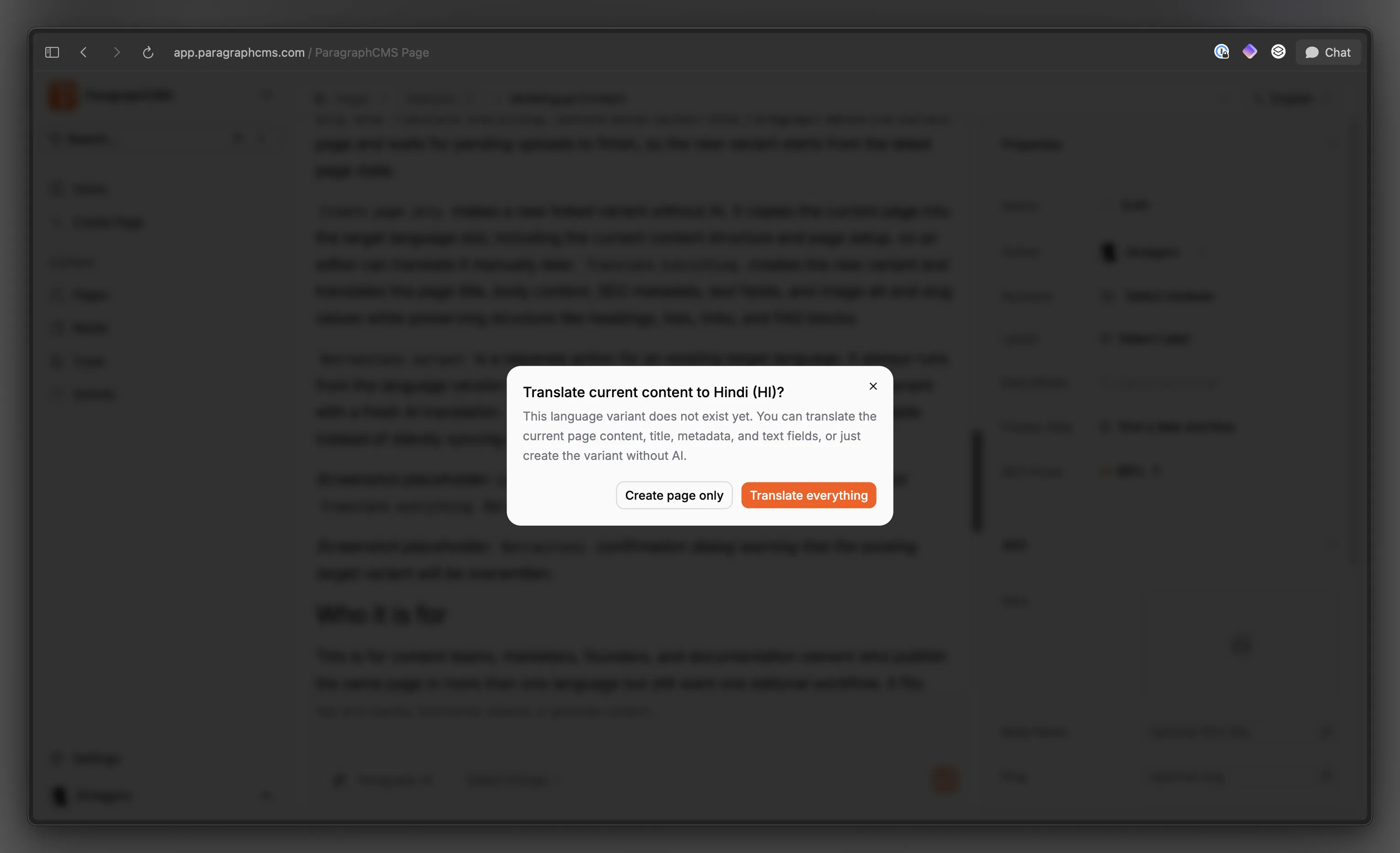Language-variant dialog showing Create page only and Translate everything for a missing target language.
