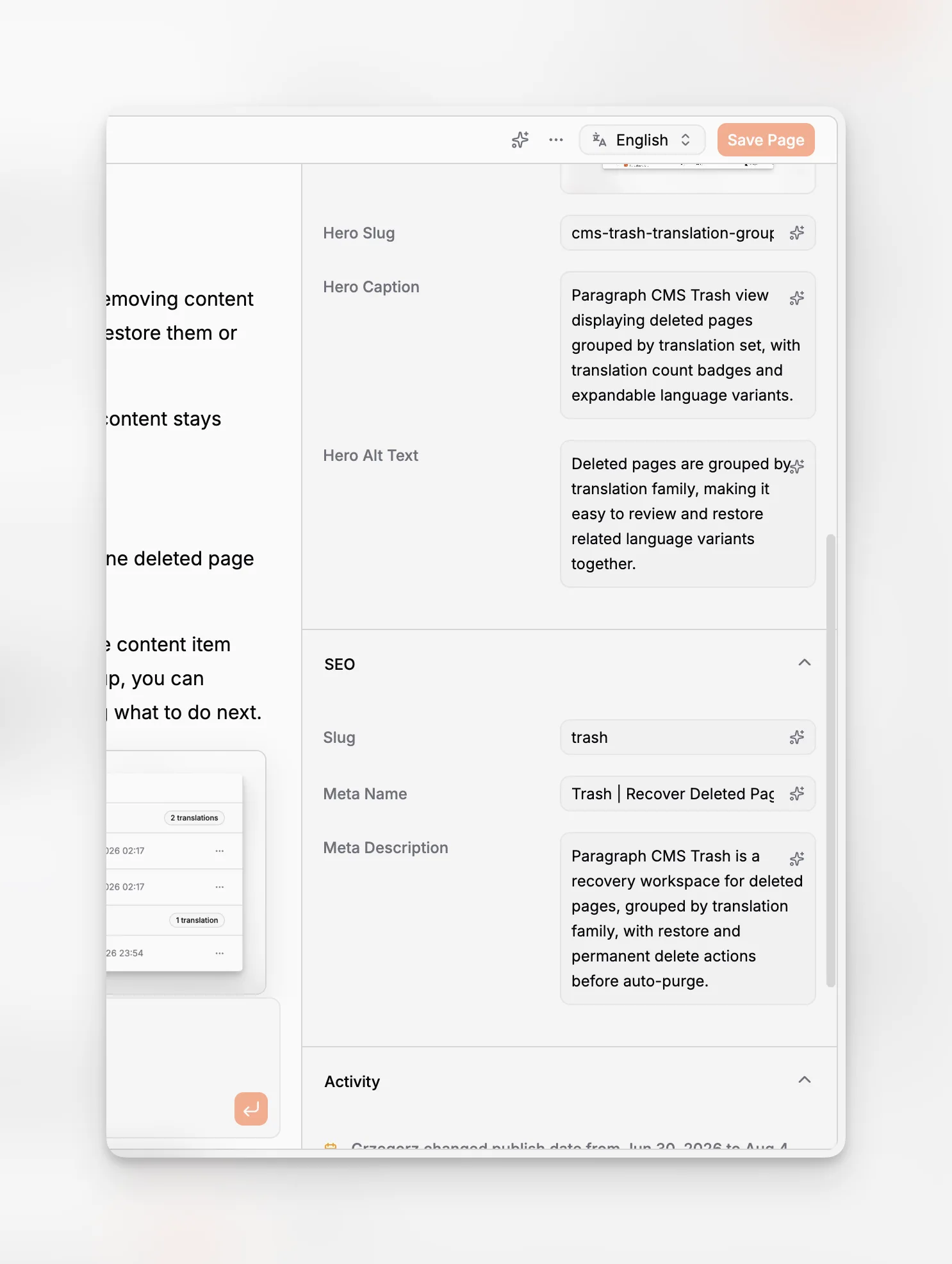 Obrazovka SEO stránky v systému Paragraph CMS s poli pro metadata pro vyhledávání