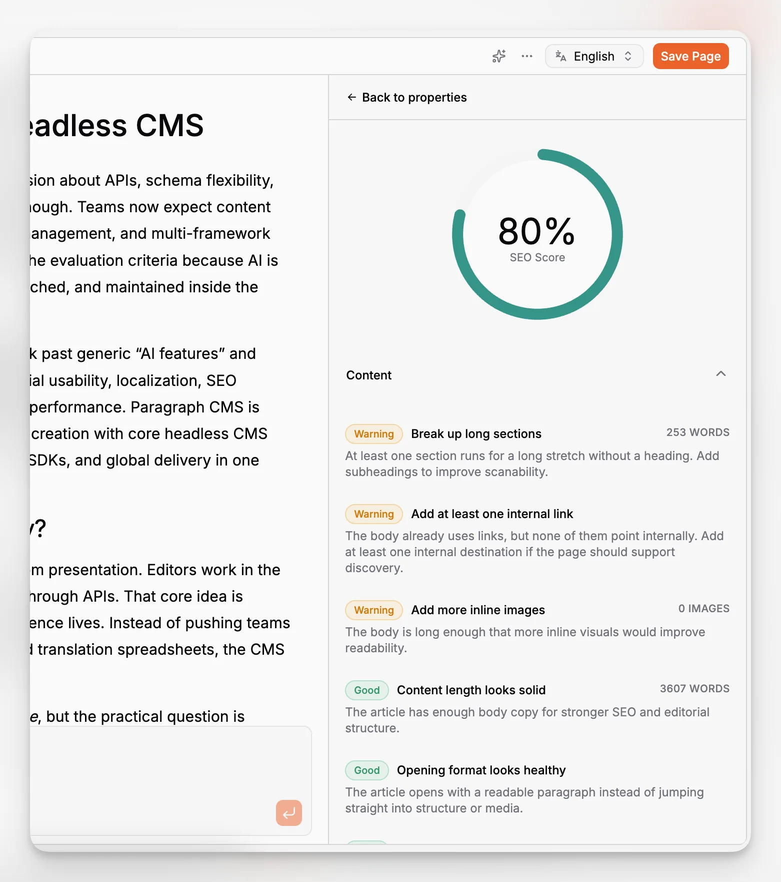 An SEO settings panel with fields for titles, descriptions, and search-facing page details