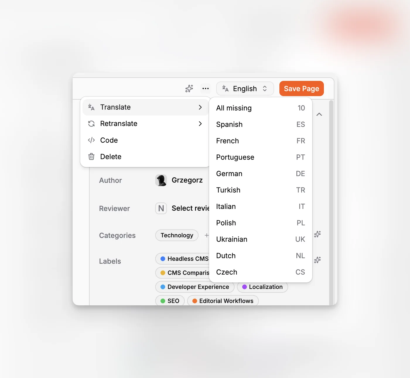 A content management system screen for language variants, translation controls, and localized article management