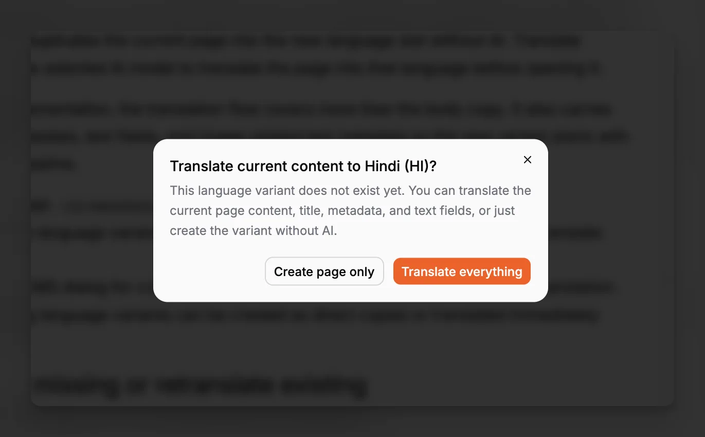 Boîte de dialogue de Paragraph CMS pour créer une variante de langue manquante avec ou sans traduction par IA.