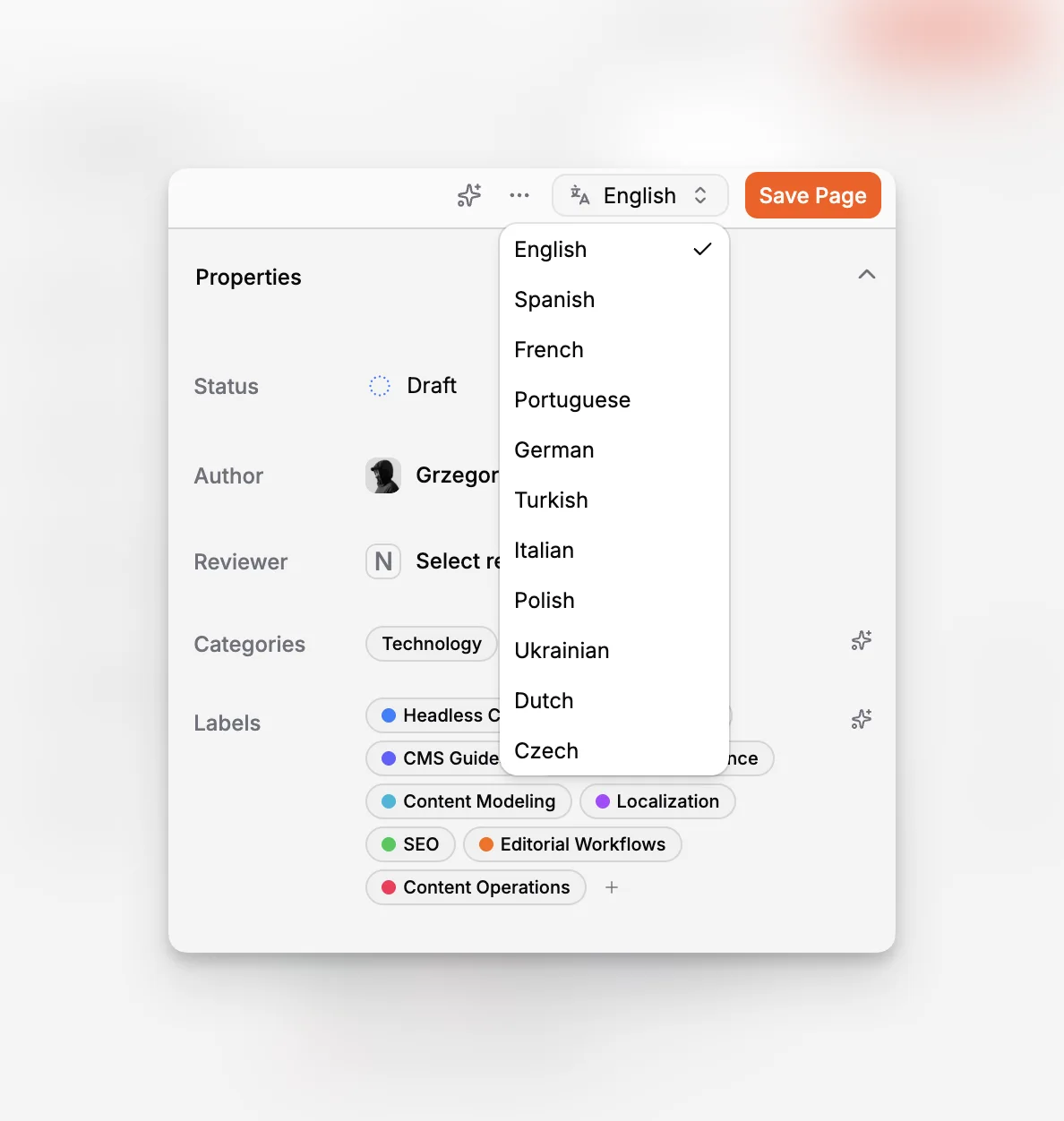 Lokalizační rozhraní zobrazující jazykové varianty a překladový workflow pro aktualizace stránek