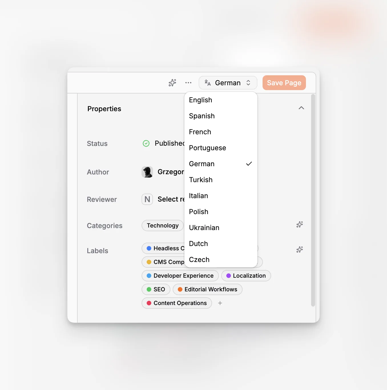 A pages index in a headless CMS with statuses and organized content entries