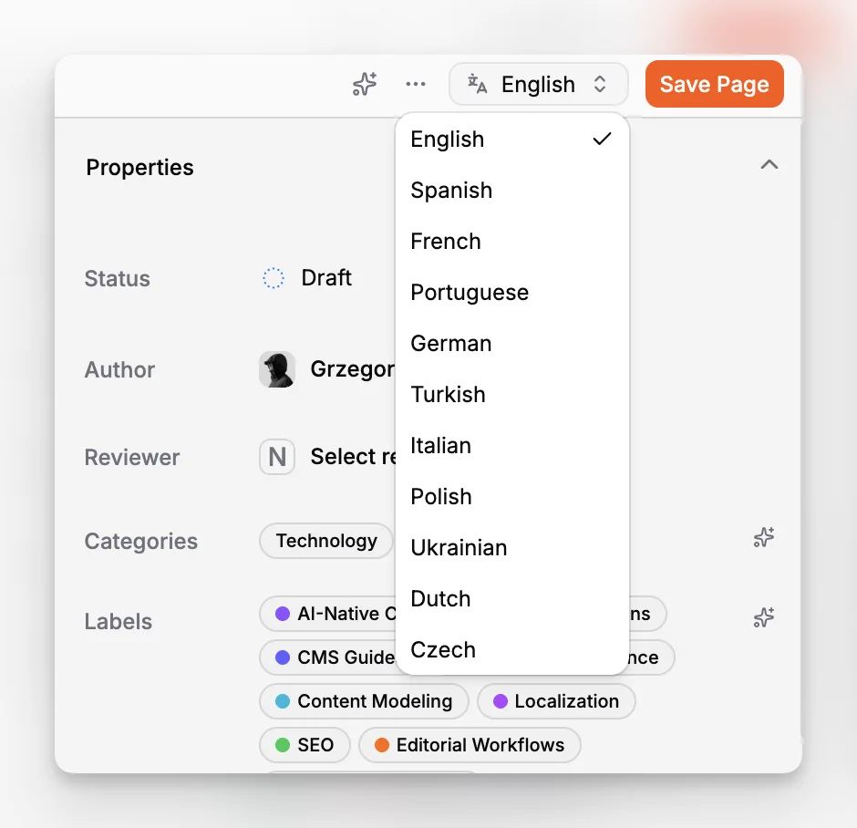 A localized article workflow showing one content family with multiple language variants in a content management system
