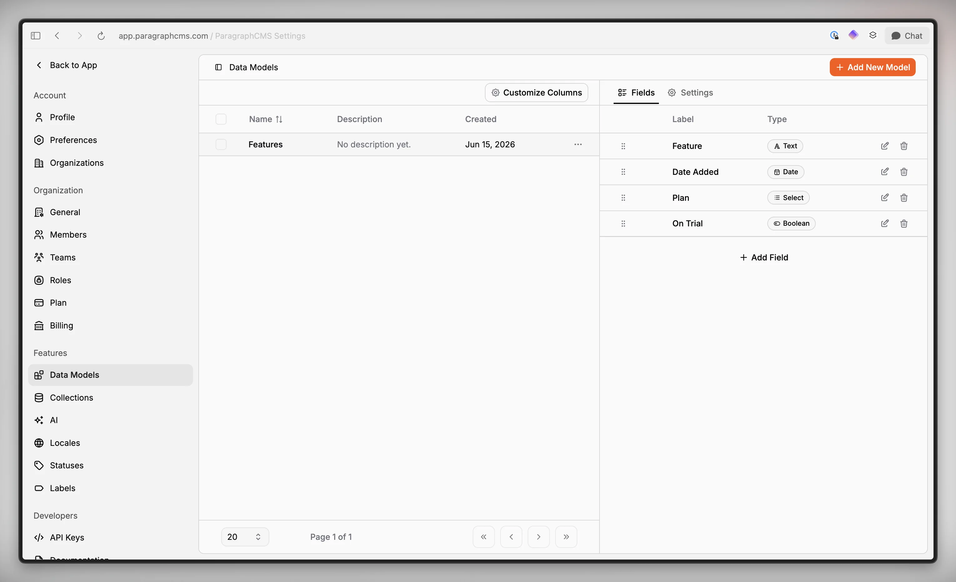 Data Models screen with the model list visible and the Fields tab open for a selected model.