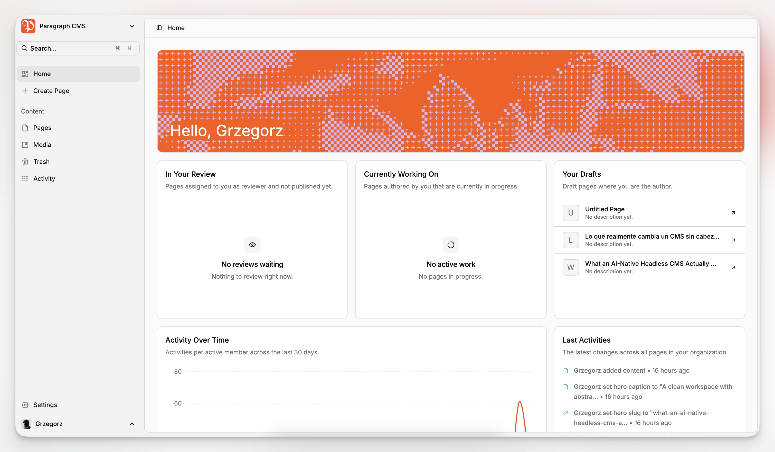 Paragraph CMS-startdashboard voor het beheren van contentactiviteiten in één werkruimte