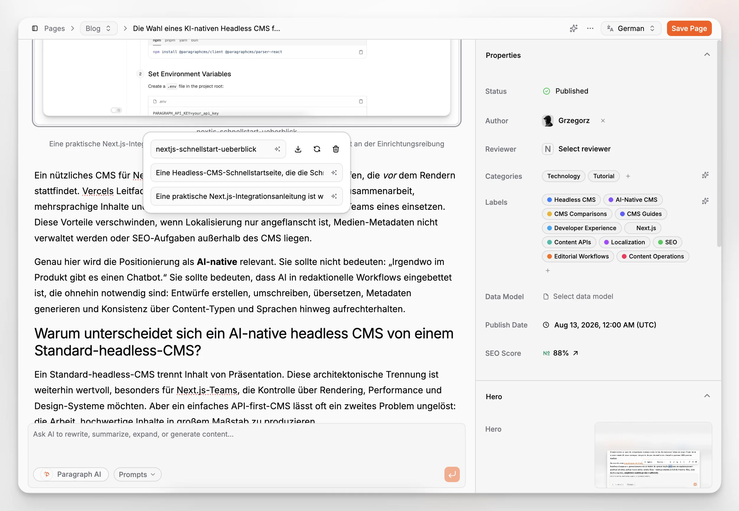 An AI-assisted editor helping refine page copy inside a structured content interface