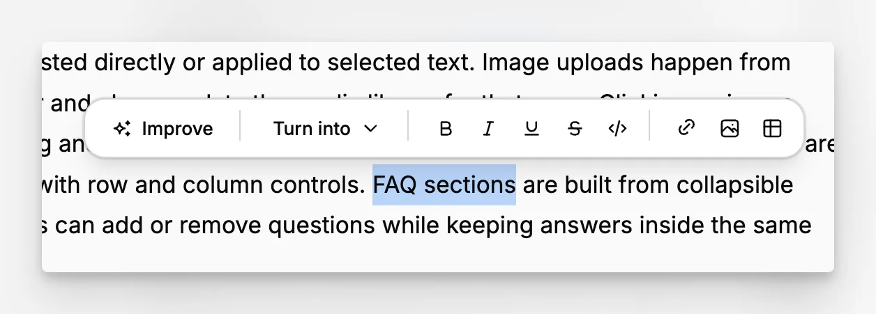 Selected text bubble menu with Improve actions and the link control.