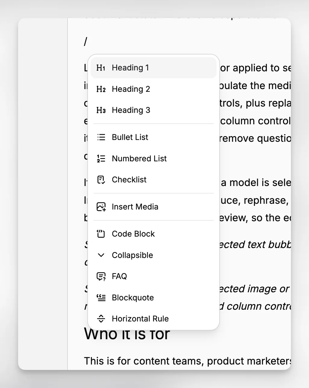 Slash command menu open in the page editor showing headings, checklist, Insert Media, collapsible, and FAQ options.