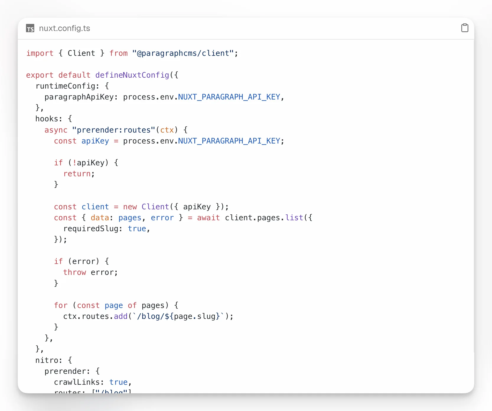Finestra di dialogo degli esempi di codice di Paragraph CMS che mostra Nuxt come uno dei percorsi framework supportati.