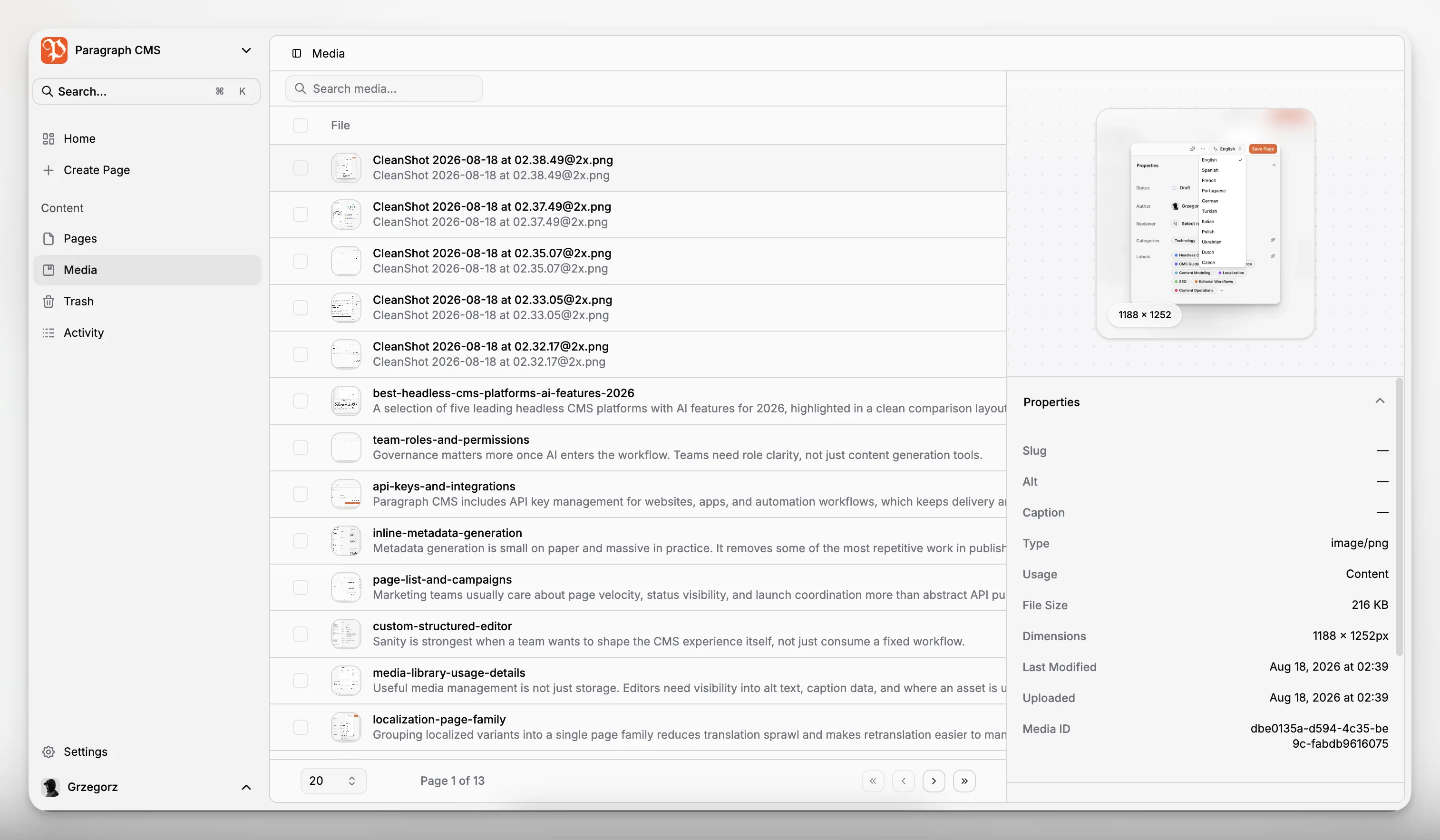 A media library organizing uploaded assets, previews, and reusable file references